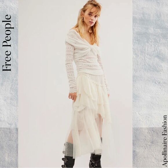 FREE PEOPLE REALITY CHECK TIERED MIDI SKIRT IN IVORY XL NWT - Picture 3 of 10